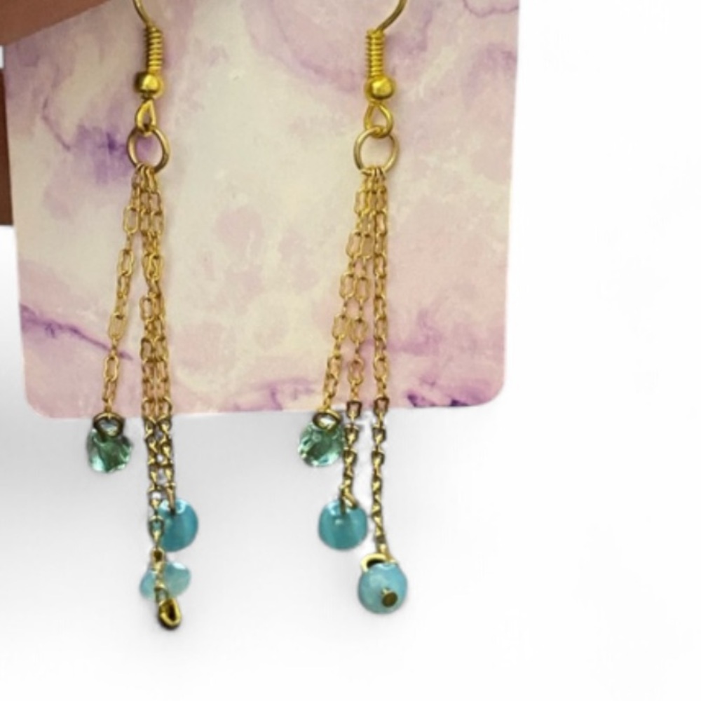 Gold and Blue Dangle with chain Earrings